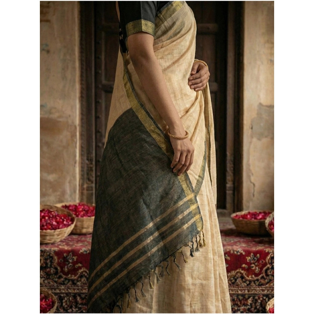 Seduva Women's Cotton Printed Saree With Unstitched Blouse 5.5Mtr (Beige)
