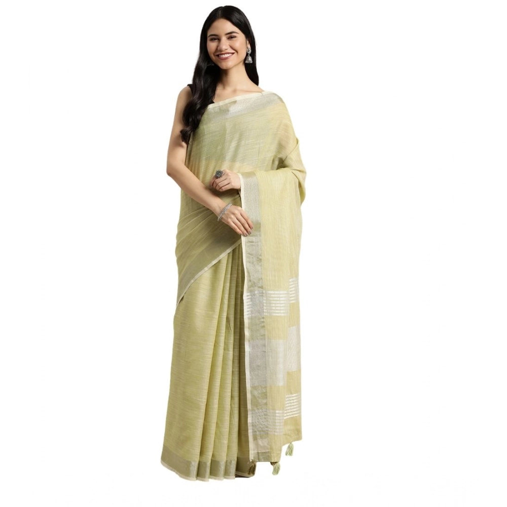 Seduva Women's Linen Cotton Printed Saree With Unstitched Blouse 5.5Mtr (Olive Green)