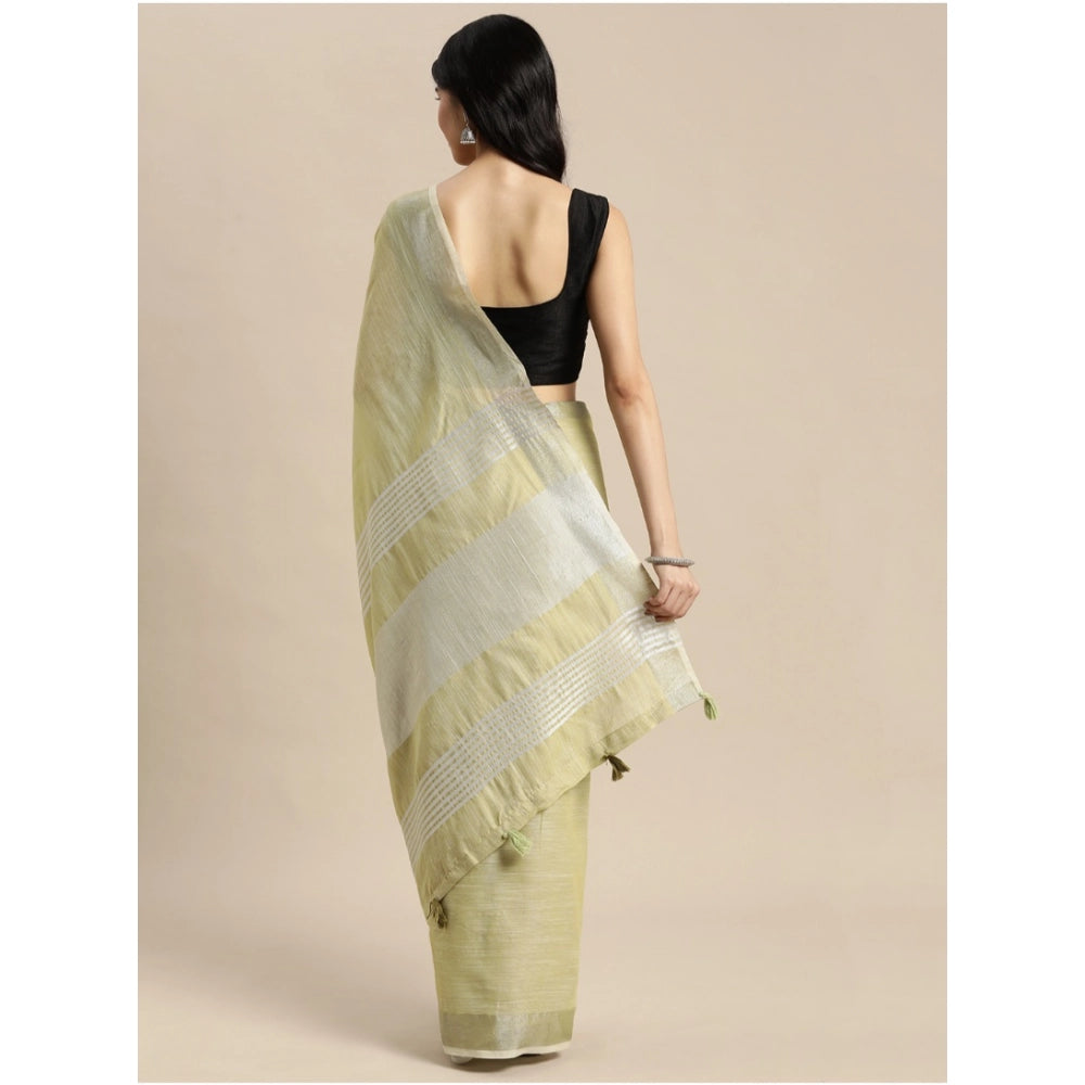 Seduva Women's Linen Cotton Printed Saree With Unstitched Blouse 5.5Mtr (Olive Green)