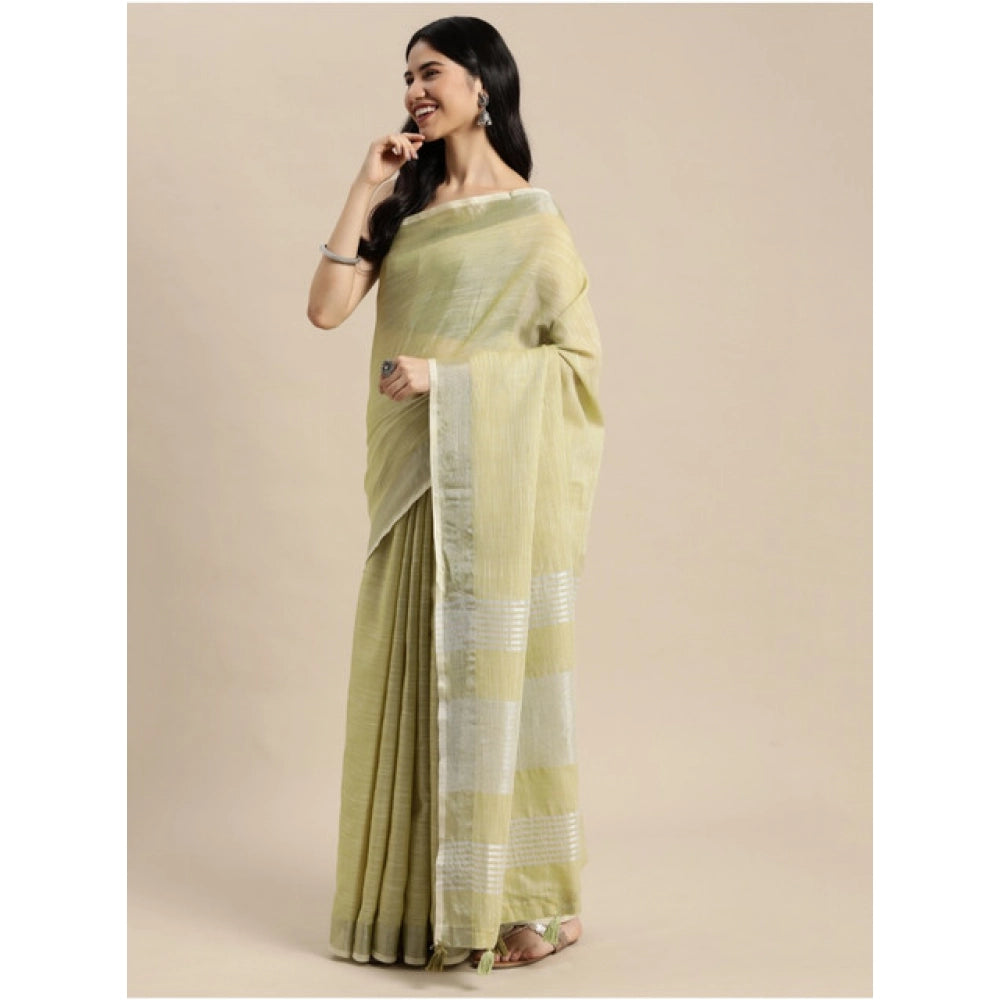 Seduva Women's Linen Cotton Printed Saree With Unstitched Blouse 5.5Mtr (Olive Green)