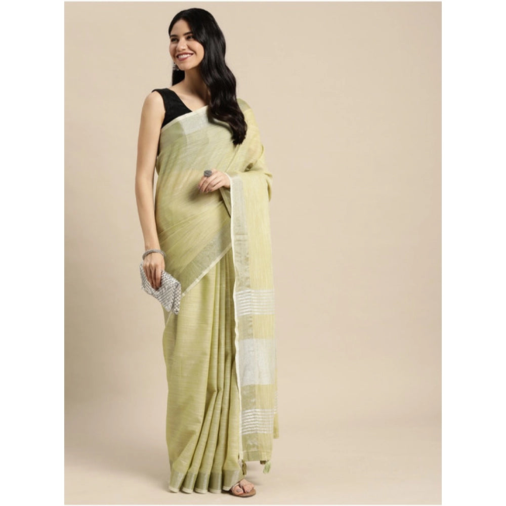 Seduva Women's Linen Cotton Printed Saree With Unstitched Blouse 5.5Mtr (Olive Green)