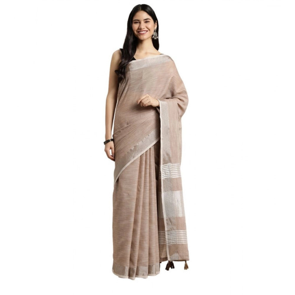 Seduva Women's Linen Cotton Printed Saree With Unstitched Blouse 5.5Mtr (Beige)