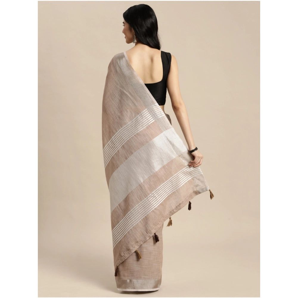 Seduva Women's Linen Cotton Printed Saree With Unstitched Blouse 5.5Mtr (Beige)