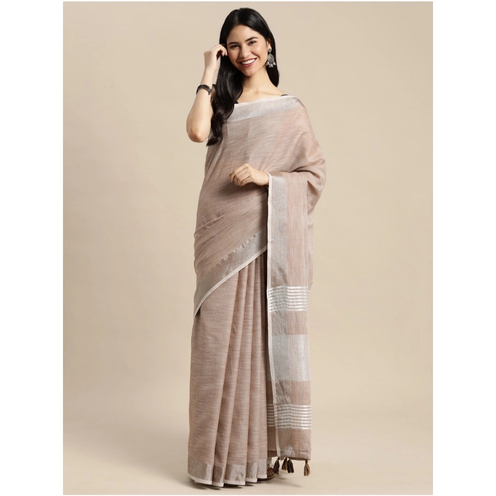 Seduva Women's Linen Cotton Printed Saree With Unstitched Blouse 5.5Mtr (Beige)