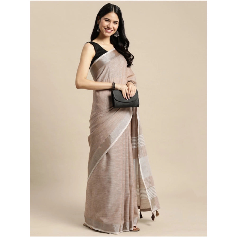 Seduva Women's Linen Cotton Printed Saree With Unstitched Blouse 5.5Mtr (Beige)