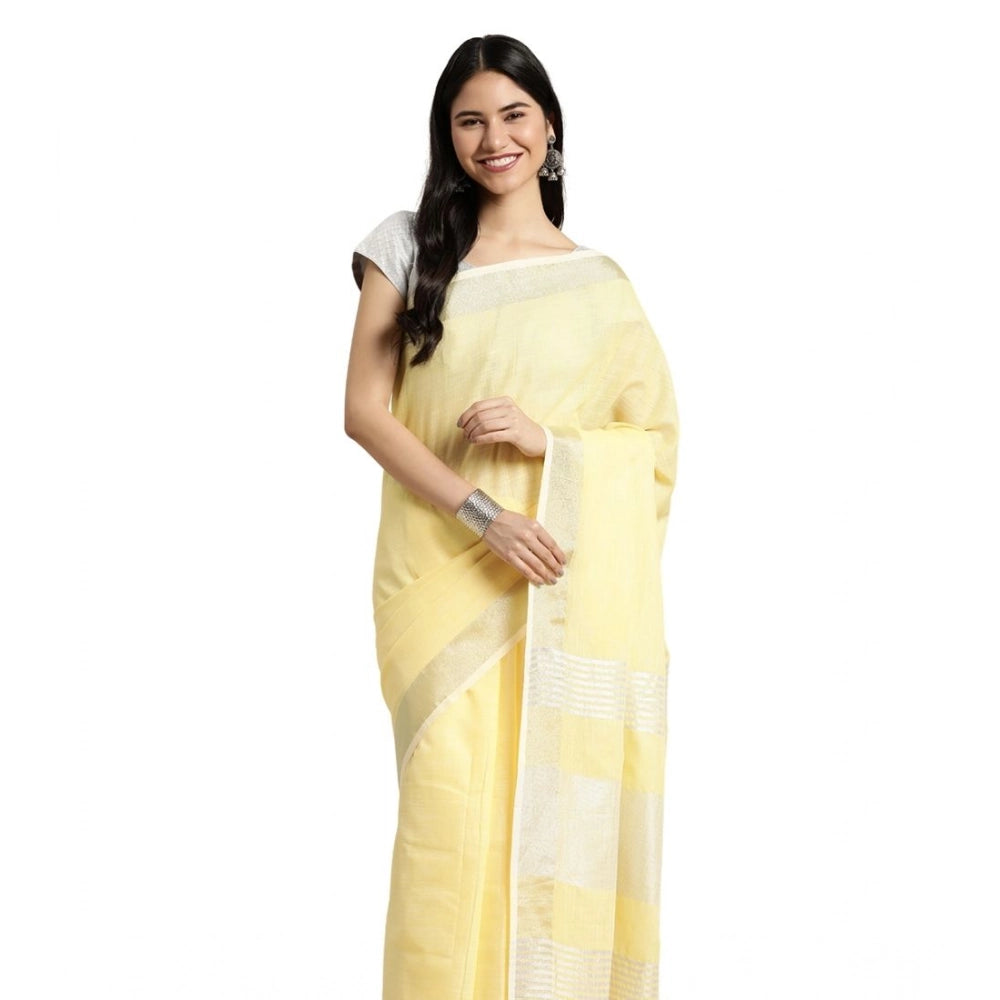 Seduva Women's Linen Cotton Printed Saree With Unstitched Blouse 5.5Mtr (Yellow)