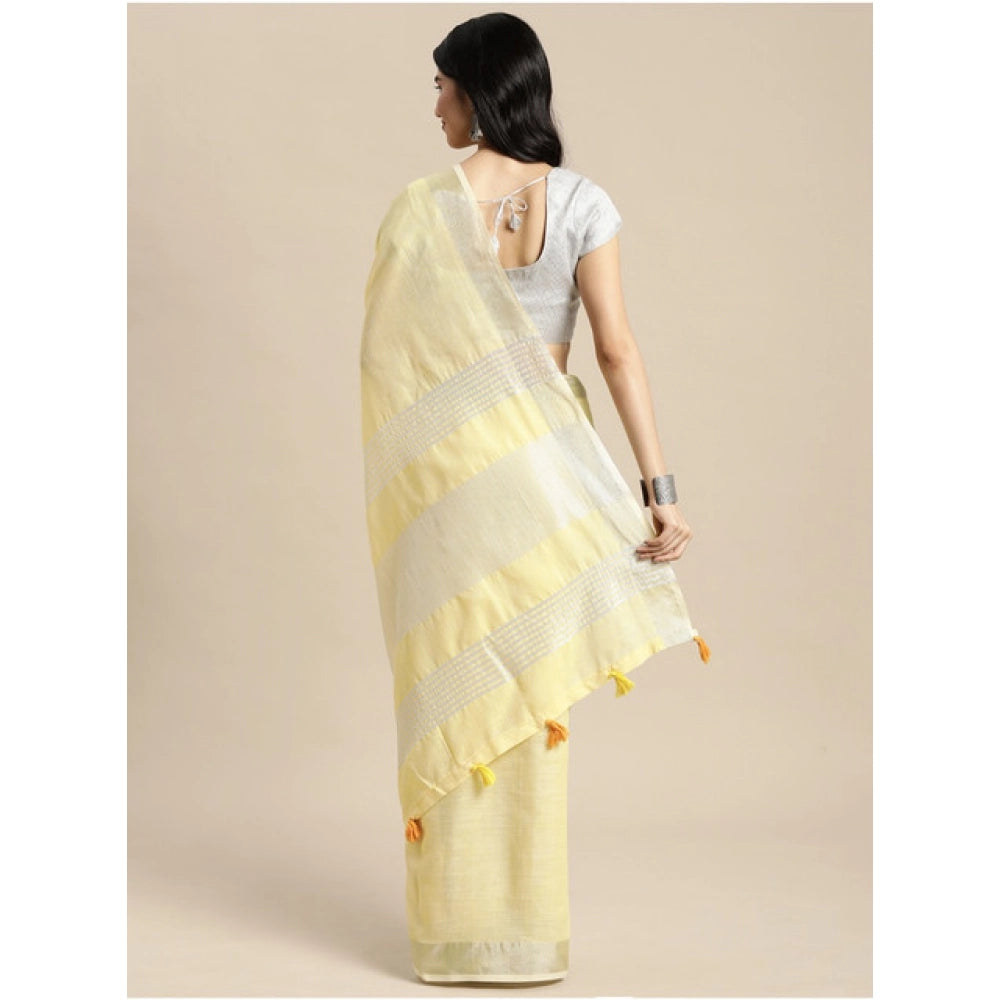 Seduva Women's Linen Cotton Printed Saree With Unstitched Blouse 5.5Mtr (Yellow)