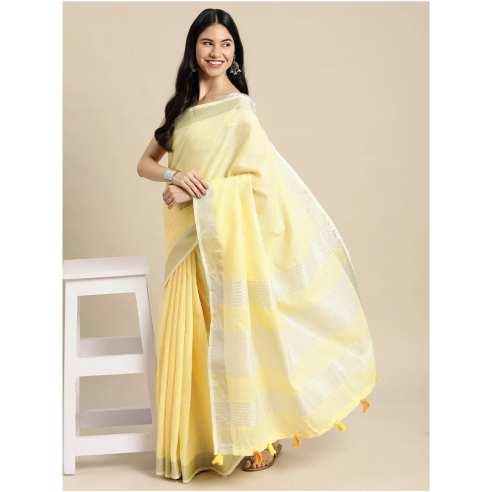 Seduva Women's Linen Cotton Printed Saree With Unstitched Blouse 5.5Mtr (Yellow)