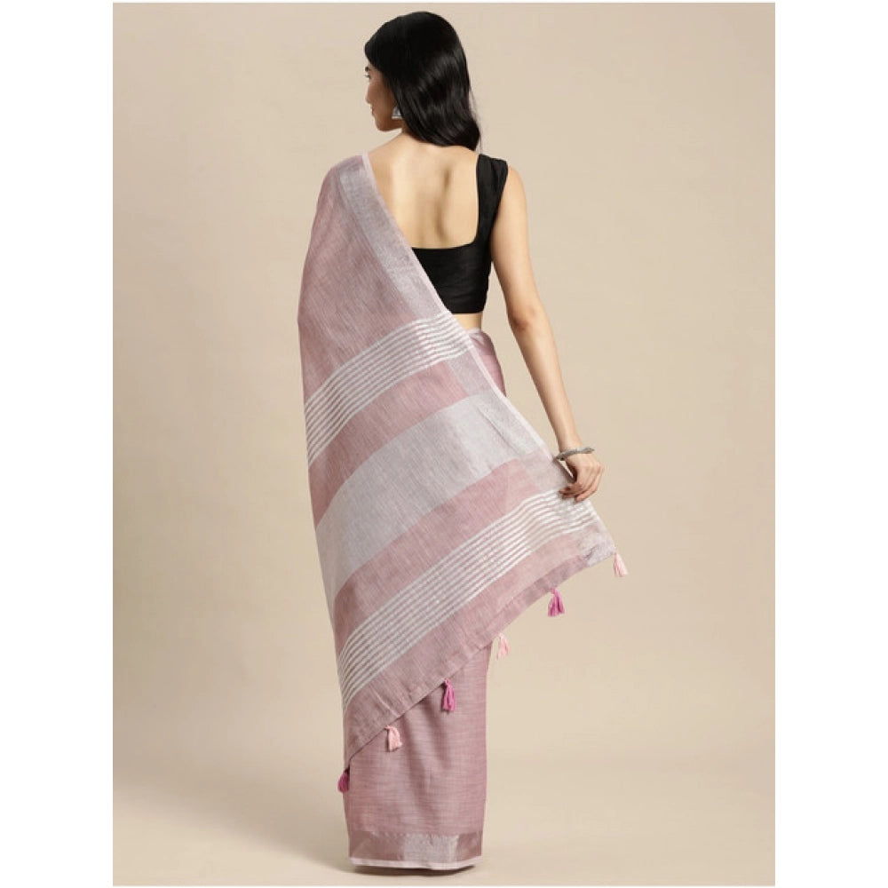 Seduva Women's Linen Cotton Printed Saree With Unstitched Blouse 5.5Mtr (Purple)