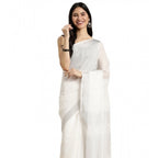 Seduva Women's Linen Cotton Printed Saree With Unstitched Blouse 5.5Mtr (White)