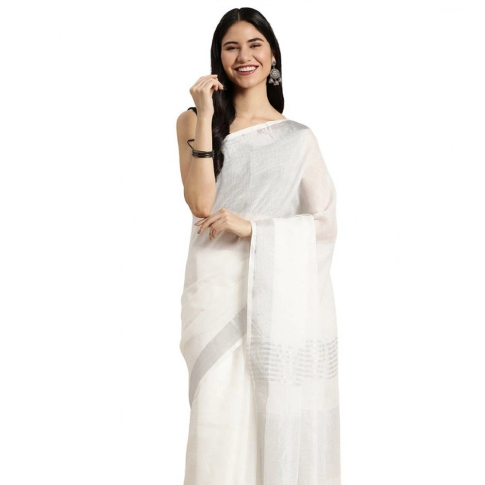 Seduva Women's Linen Cotton Printed Saree With Unstitched Blouse 5.5Mtr (White)