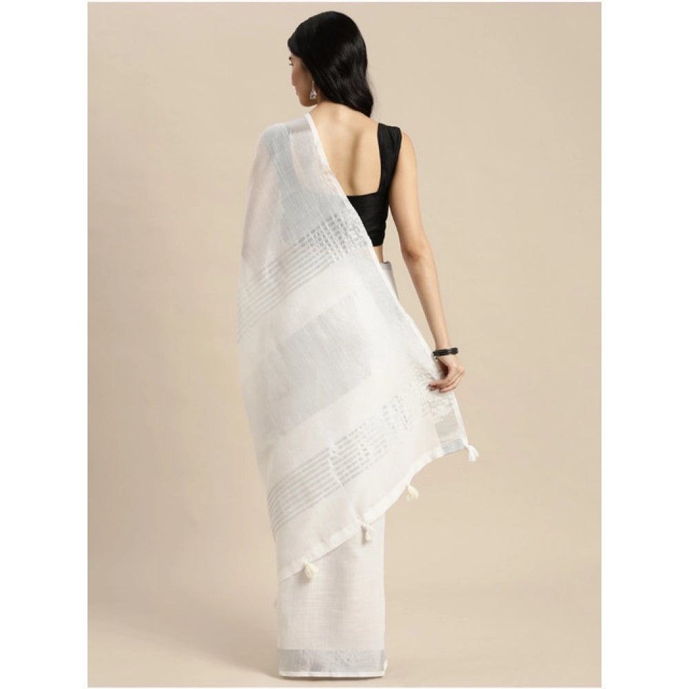 Seduva Women's Linen Cotton Printed Saree With Unstitched Blouse 5.5Mtr (White)
