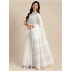 Seduva Women's Linen Cotton Printed Saree With Unstitched Blouse 5.5Mtr (White)