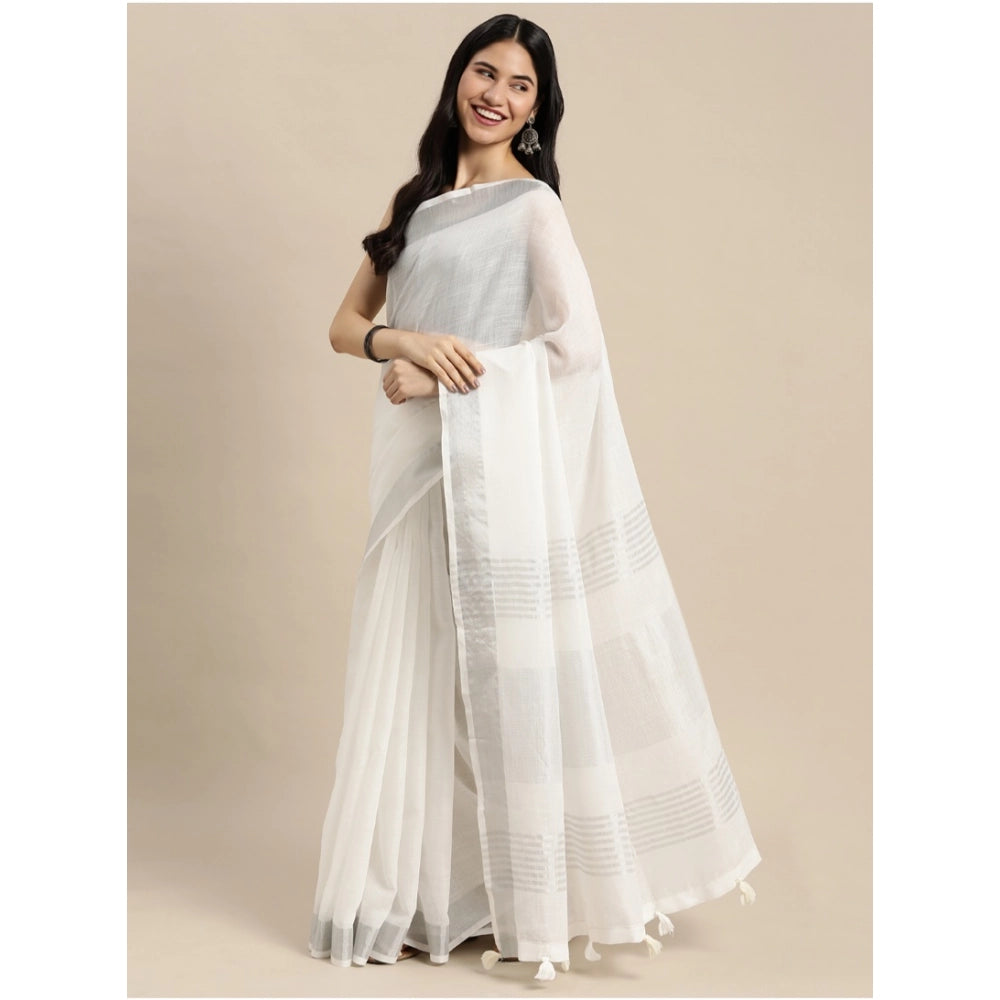 Seduva Women's Linen Cotton Printed Saree With Unstitched Blouse 5.5Mtr (White)