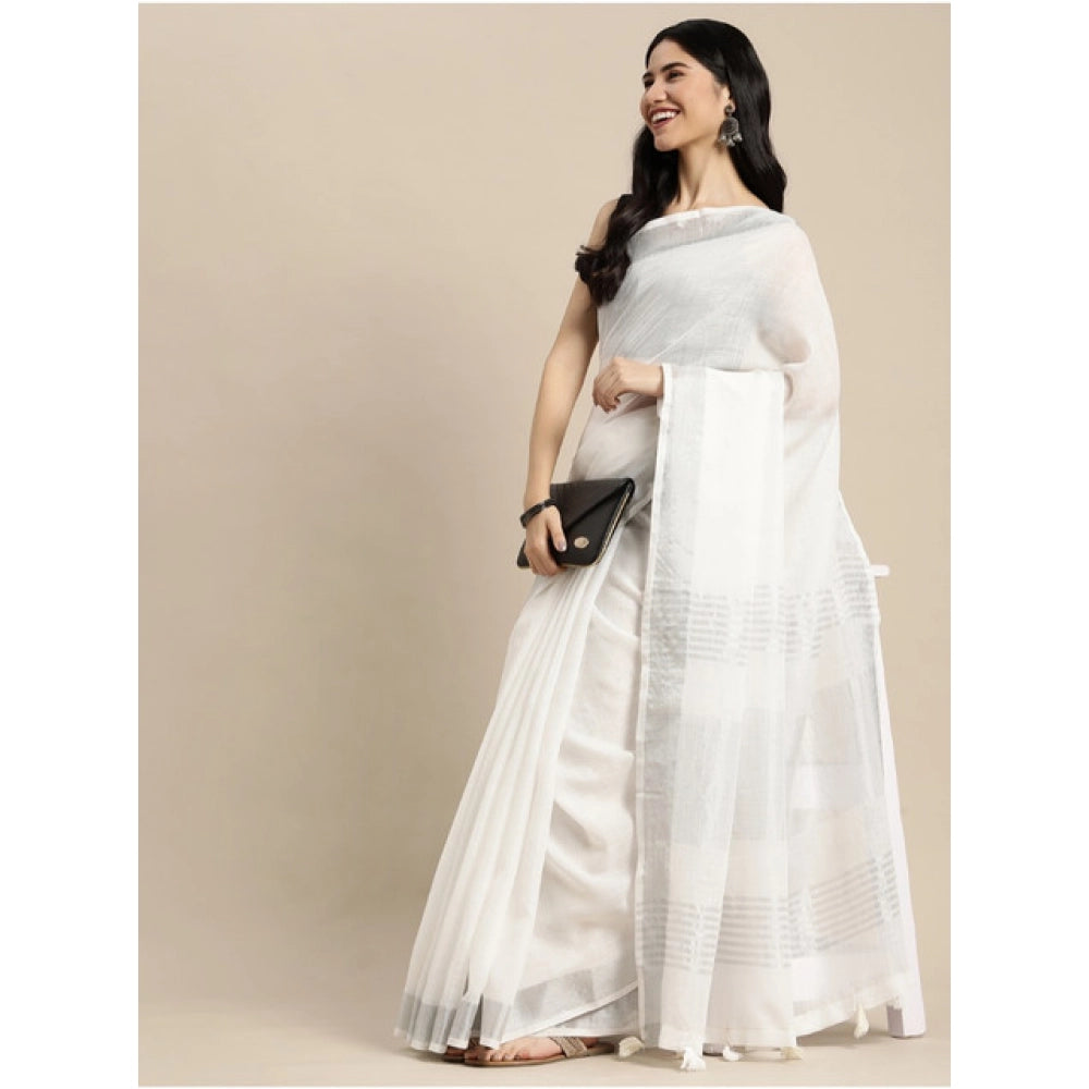 Seduva Women's Linen Cotton Printed Saree With Unstitched Blouse 5.5Mtr (White)