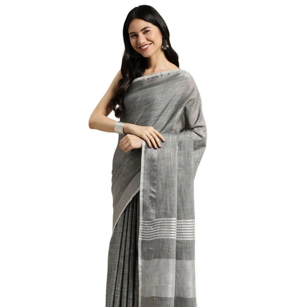 Seduva Women's Linen Cotton Printed Saree With Unstitched Blouse 5.5Mtr (Dark Grey)