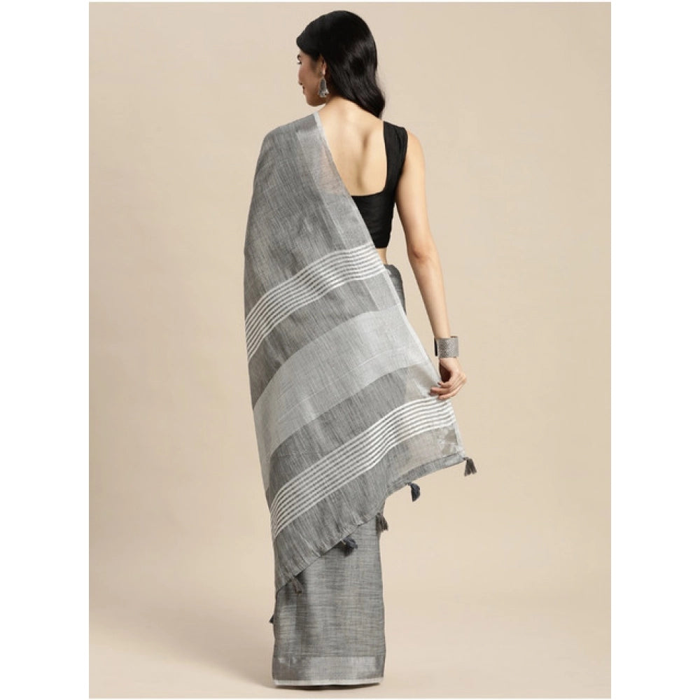 Seduva Women's Linen Cotton Printed Saree With Unstitched Blouse 5.5Mtr (Dark Grey)