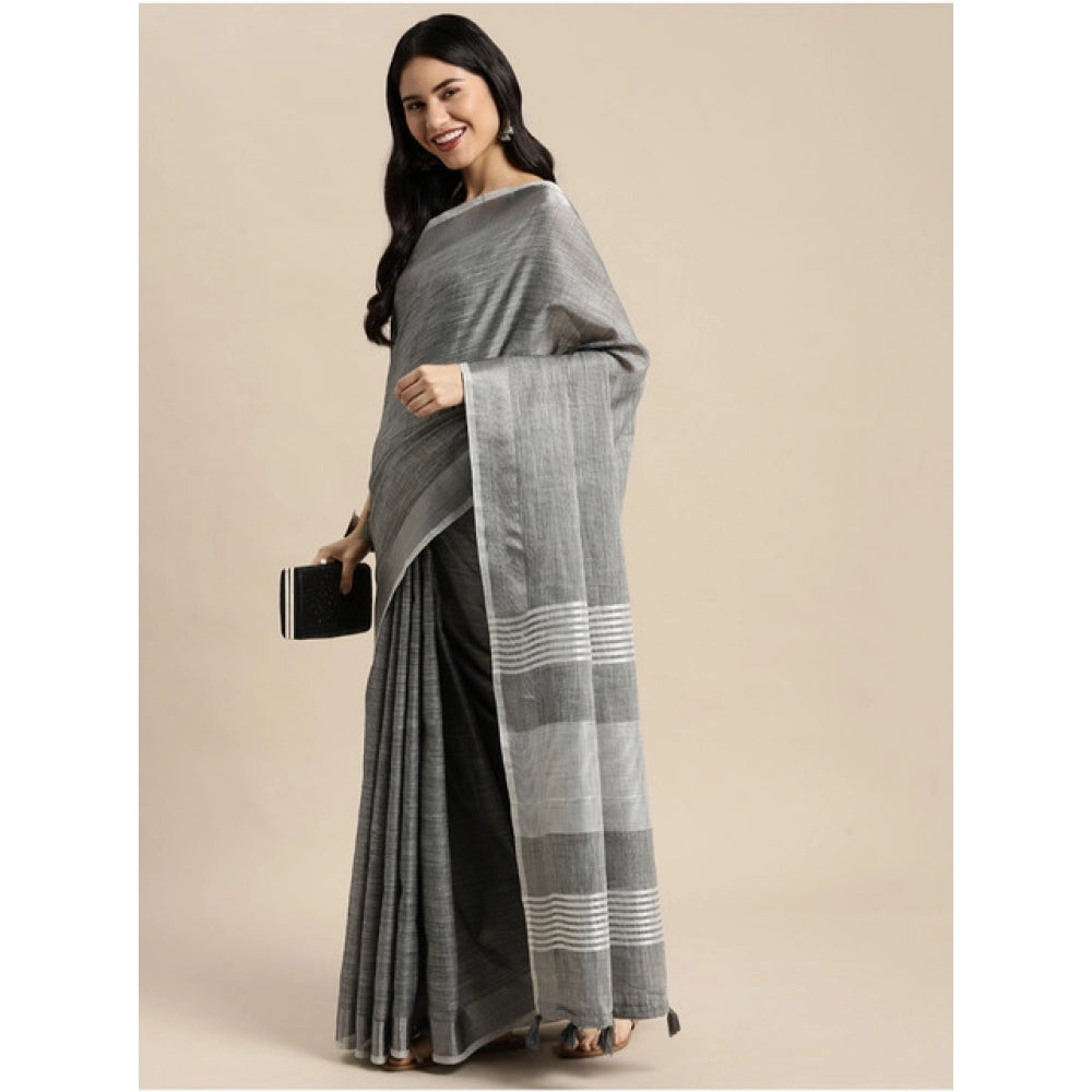 Seduva Women's Linen Cotton Printed Saree With Unstitched Blouse 5.5Mtr (Dark Grey)