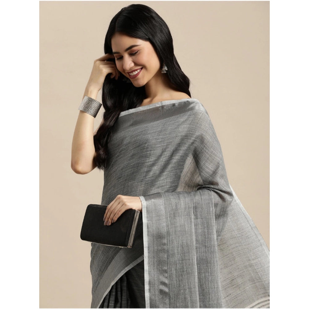 Seduva Women's Linen Cotton Printed Saree With Unstitched Blouse 5.5Mtr (Dark Grey)