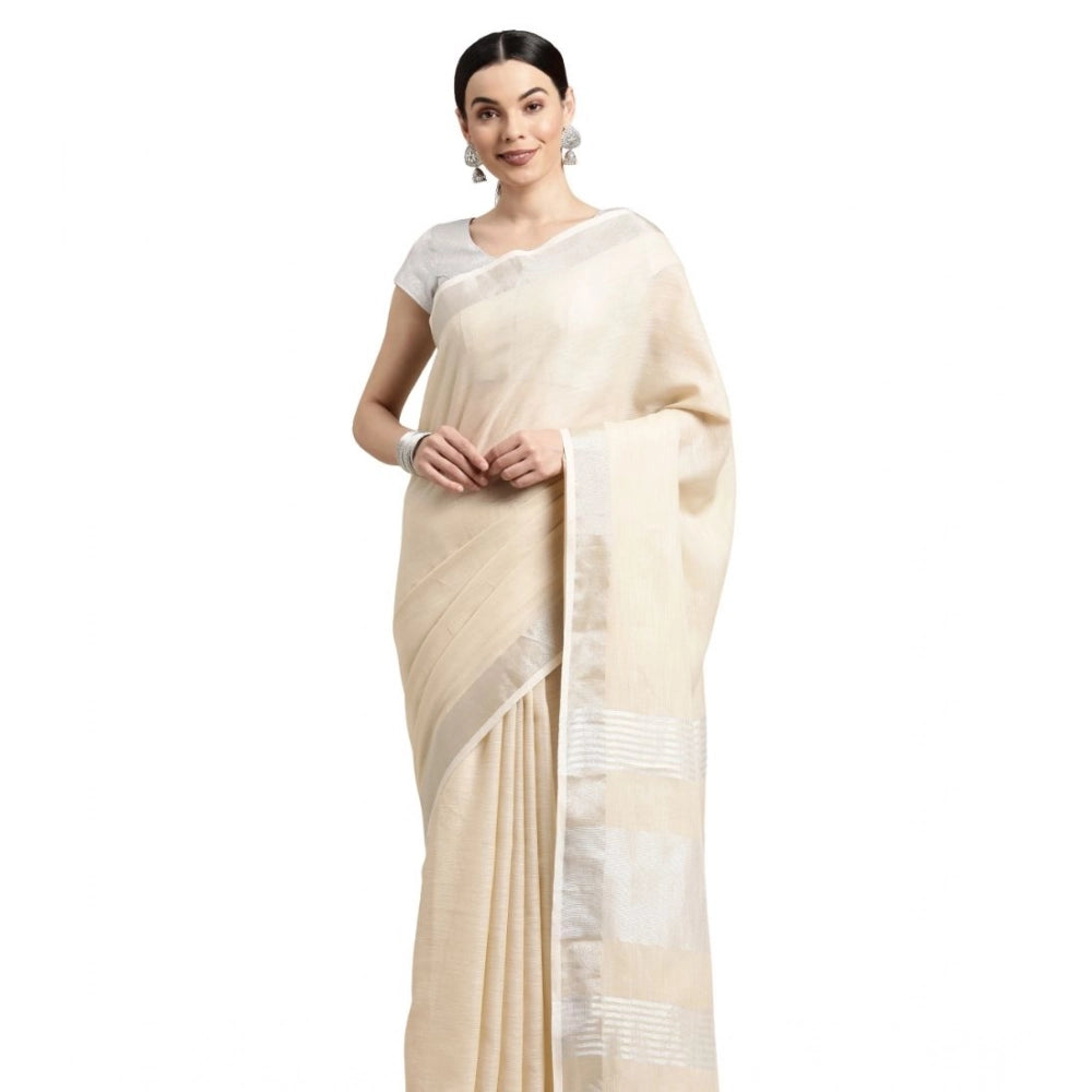Seduva Women's Linen Cotton Printed Saree With Unstitched Blouse 5.5Mtr (Cream)