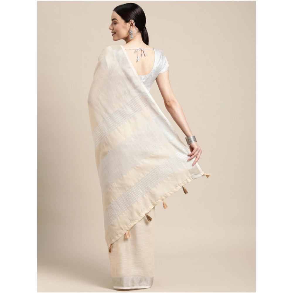 Seduva Women's Linen Cotton Printed Saree With Unstitched Blouse 5.5Mtr (Cream)
