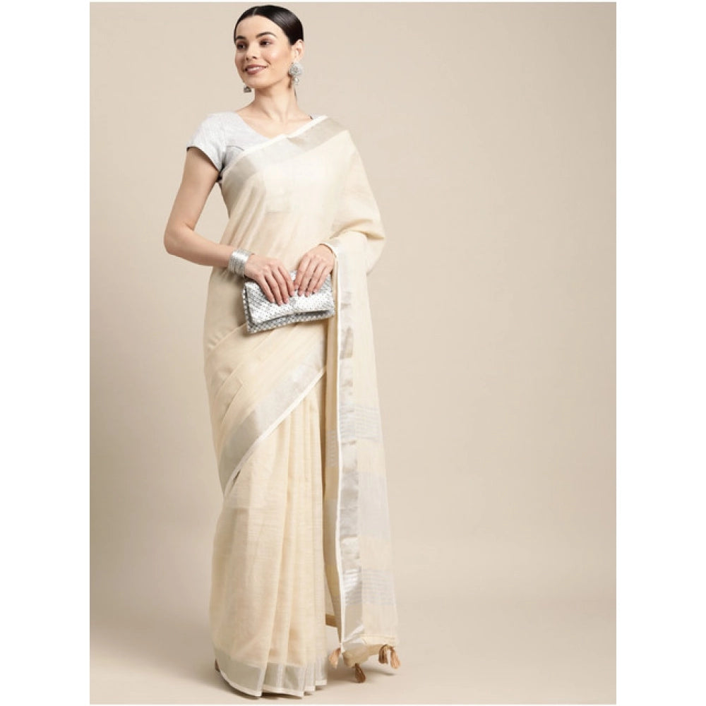 Seduva Women's Linen Cotton Printed Saree With Unstitched Blouse 5.5Mtr (Cream)