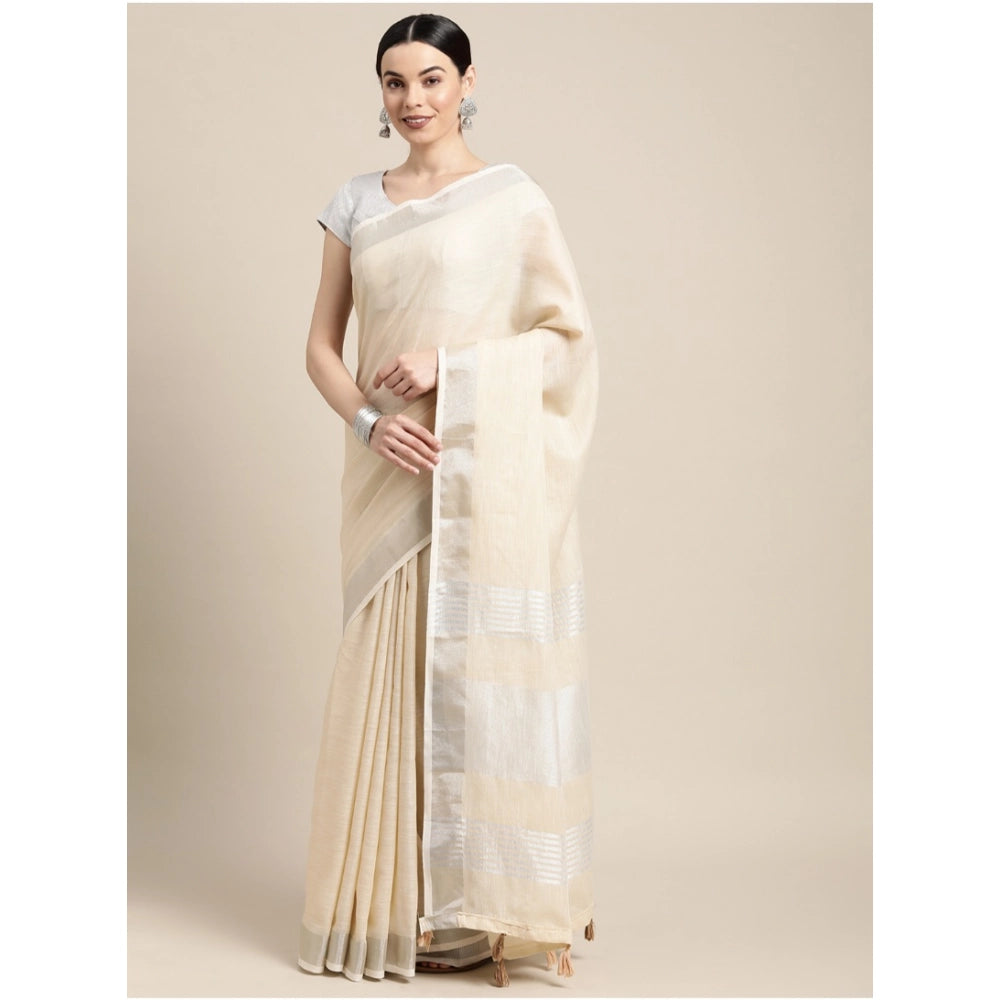 Seduva Women's Linen Cotton Printed Saree With Unstitched Blouse 5.5Mtr (Cream)