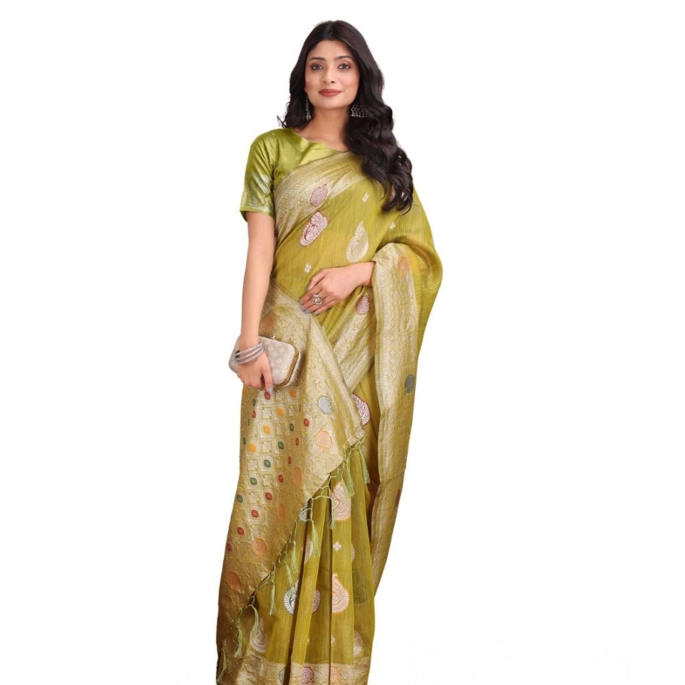Seduva Women's Linen Cotton Printed Saree With Unstitched Blouse 5.5Mtr (Mustrad)