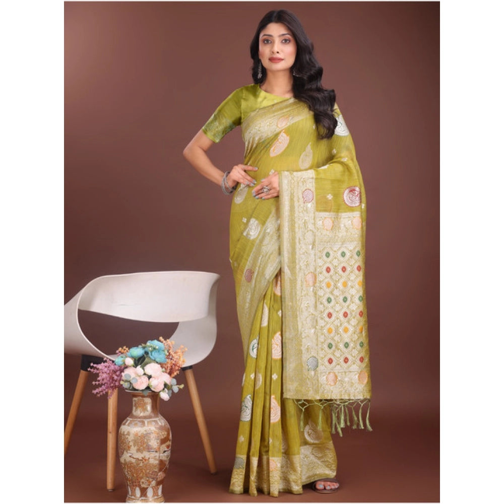 Seduva Women's Linen Cotton Printed Saree With Unstitched Blouse 5.5Mtr (Mustrad)