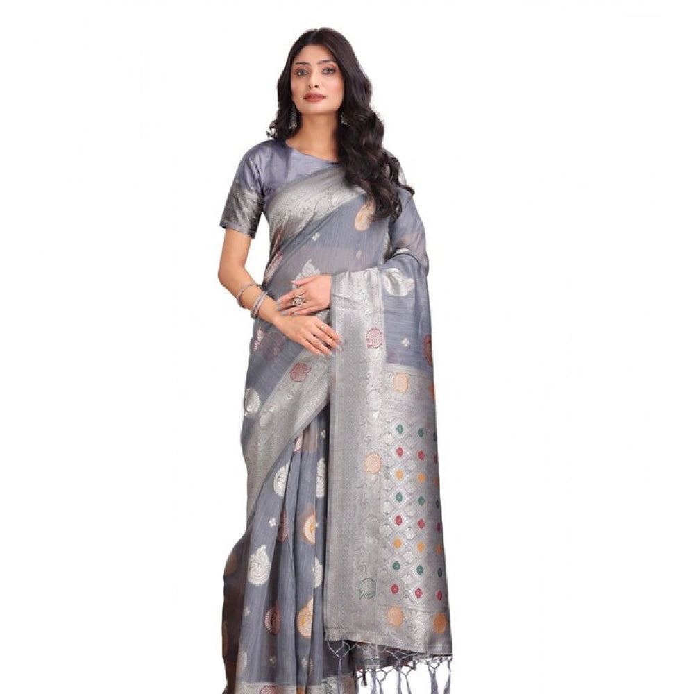 Seduva Women's Linen Cotton Printed Saree With Unstitched Blouse 5.5Mtr (Grey)