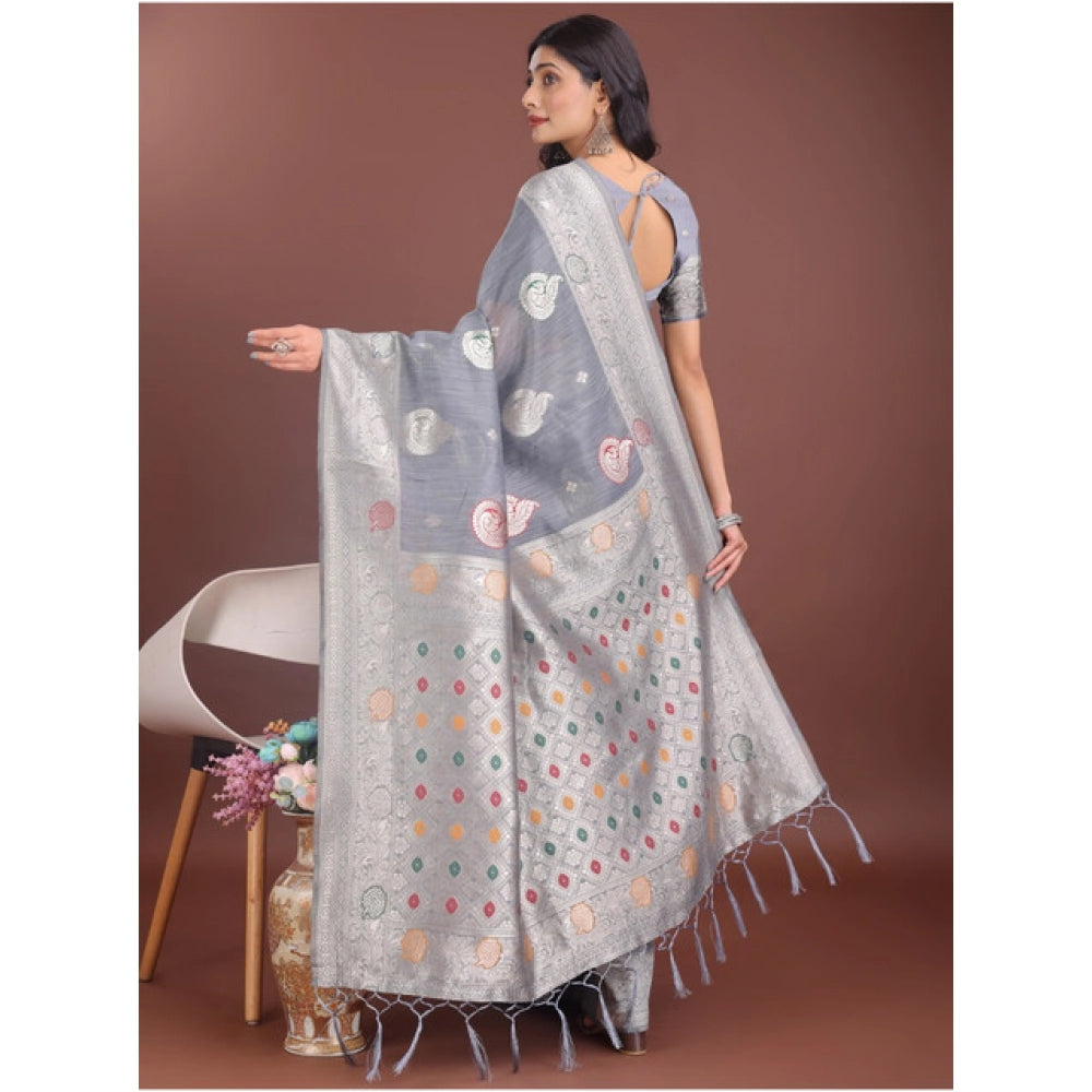Seduva Women's Linen Cotton Printed Saree With Unstitched Blouse 5.5Mtr (Grey)