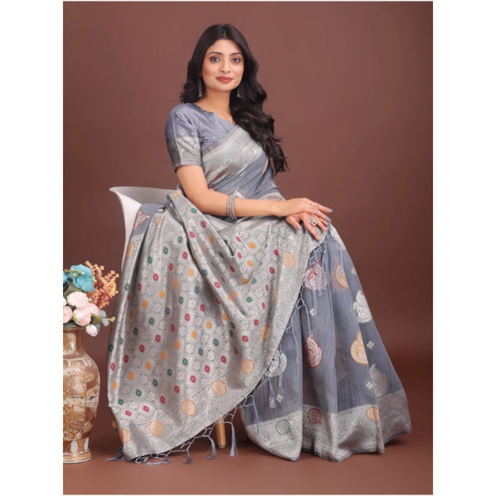 Seduva Women's Linen Cotton Printed Saree With Unstitched Blouse 5.5Mtr (Grey)