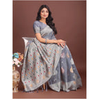 Seduva Women's Linen Cotton Printed Saree With Unstitched Blouse 5.5Mtr (Grey)