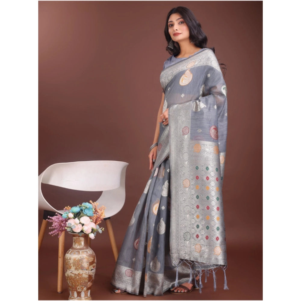 Seduva Women's Linen Cotton Printed Saree With Unstitched Blouse 5.5Mtr (Grey)