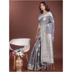 Seduva Women's Linen Cotton Printed Saree With Unstitched Blouse 5.5Mtr (Grey)