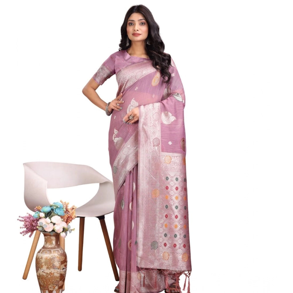 Seduva Women's Linen Cotton Printed Saree With Unstitched Blouse 5.5Mtr (Purple)