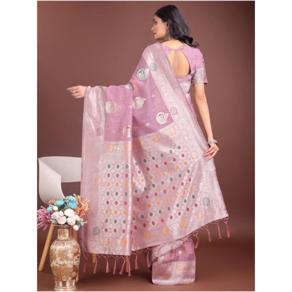 Seduva Women's Linen Cotton Printed Saree With Unstitched Blouse 5.5Mtr (Purple)