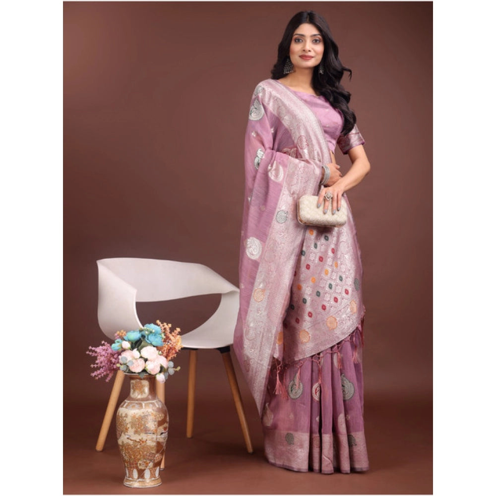 Seduva Women's Linen Cotton Printed Saree With Unstitched Blouse 5.5Mtr (Purple)