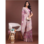 Seduva Women's Linen Cotton Printed Saree With Unstitched Blouse 5.5Mtr (Purple)