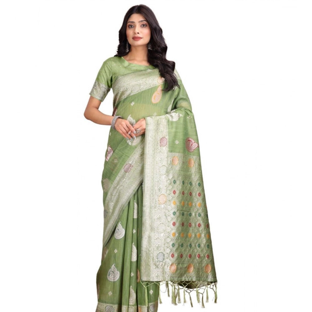 Seduva Women's Linen Cotton Printed Saree With Unstitched Blouse 5.5Mtr (Light Green)