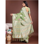 Seduva Women's Linen Cotton Printed Saree With Unstitched Blouse 5.5Mtr (Light Green)