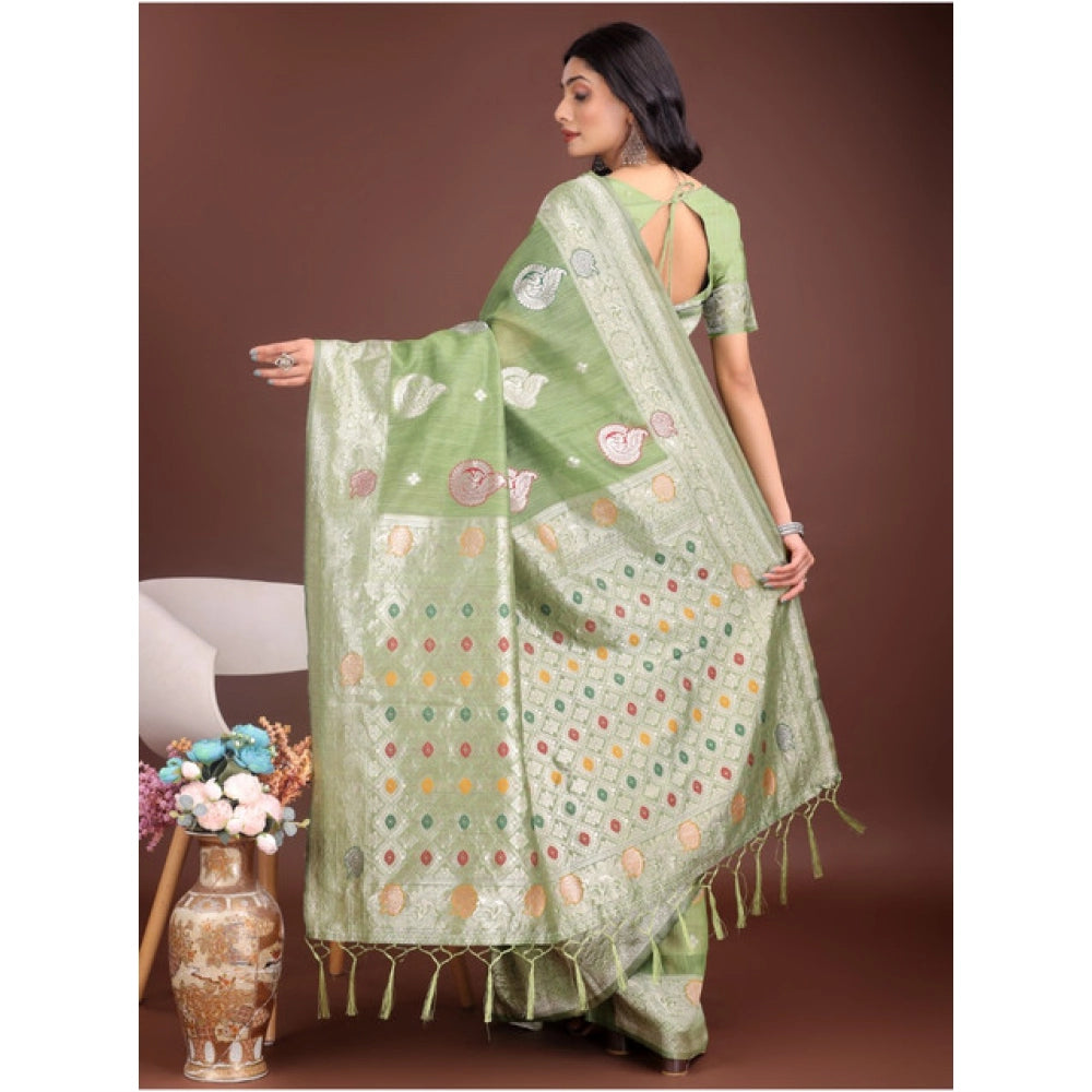 Seduva Women's Linen Cotton Printed Saree With Unstitched Blouse 5.5Mtr (Light Green)