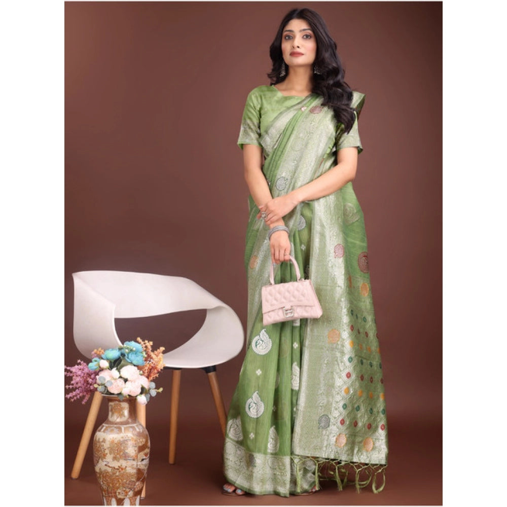 Seduva Women's Linen Cotton Printed Saree With Unstitched Blouse 5.5Mtr (Light Green)