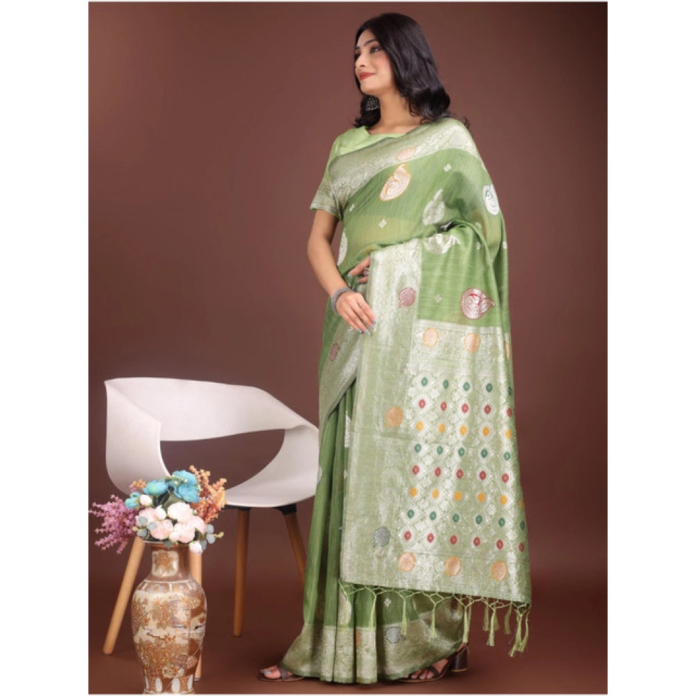 Seduva Women's Linen Cotton Printed Saree With Unstitched Blouse 5.5Mtr (Light Green)