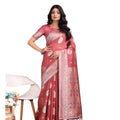 Seduva Women's Linen Cotton Printed Saree With Unstitched Blouse 5.5Mtr (Pink)