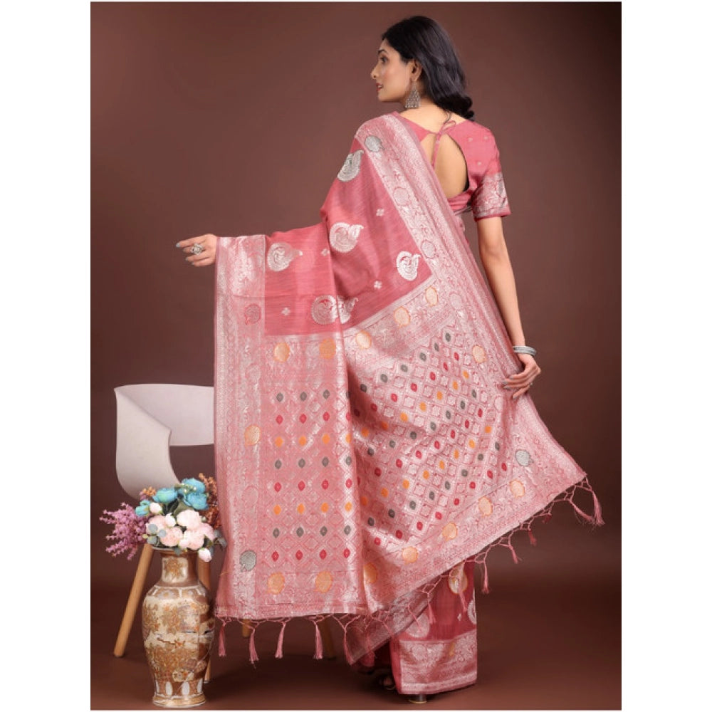 Seduva Women's Linen Cotton Printed Saree With Unstitched Blouse 5.5Mtr (Pink)