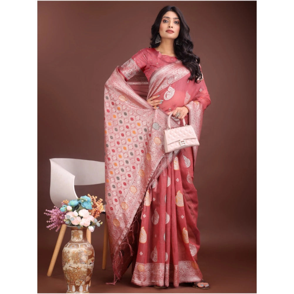 Seduva Women's Linen Cotton Printed Saree With Unstitched Blouse 5.5Mtr (Pink)