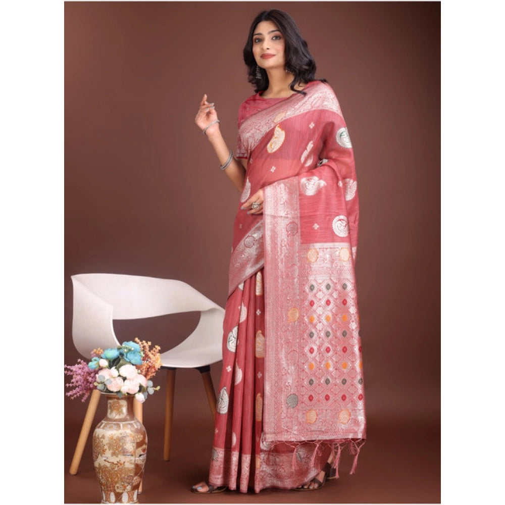 Seduva Women's Linen Cotton Printed Saree With Unstitched Blouse 5.5Mtr (Pink)