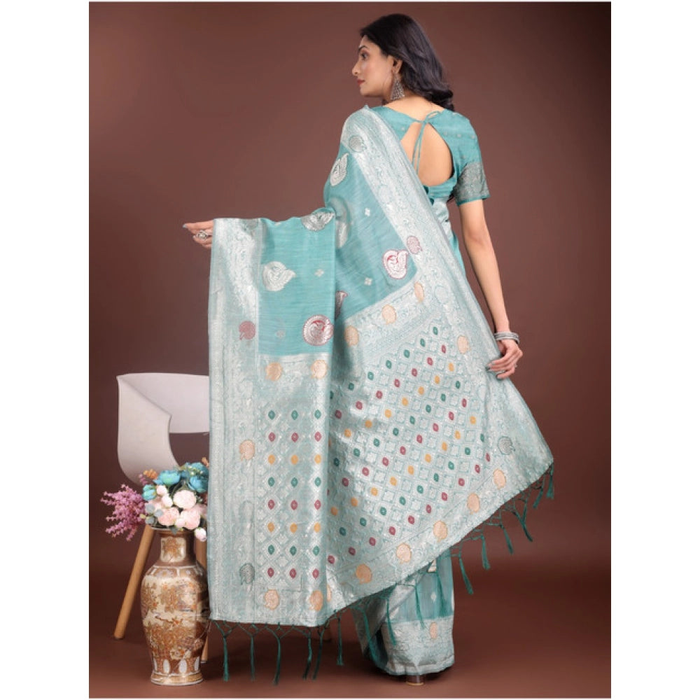 Seduva Women's Linen Cotton Printed Saree With Unstitched Blouse 5.5Mtr (Sea Green)