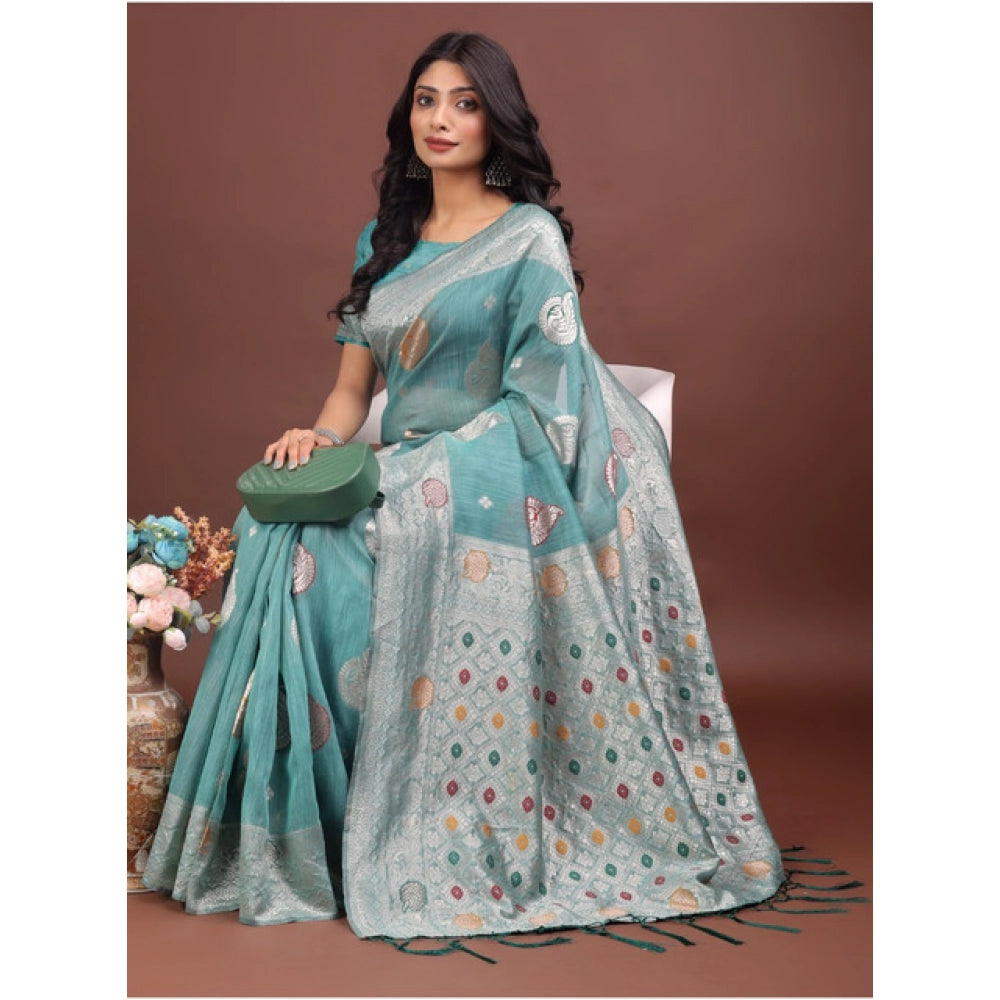 Seduva Women's Linen Cotton Printed Saree With Unstitched Blouse 5.5Mtr (Sea Green)